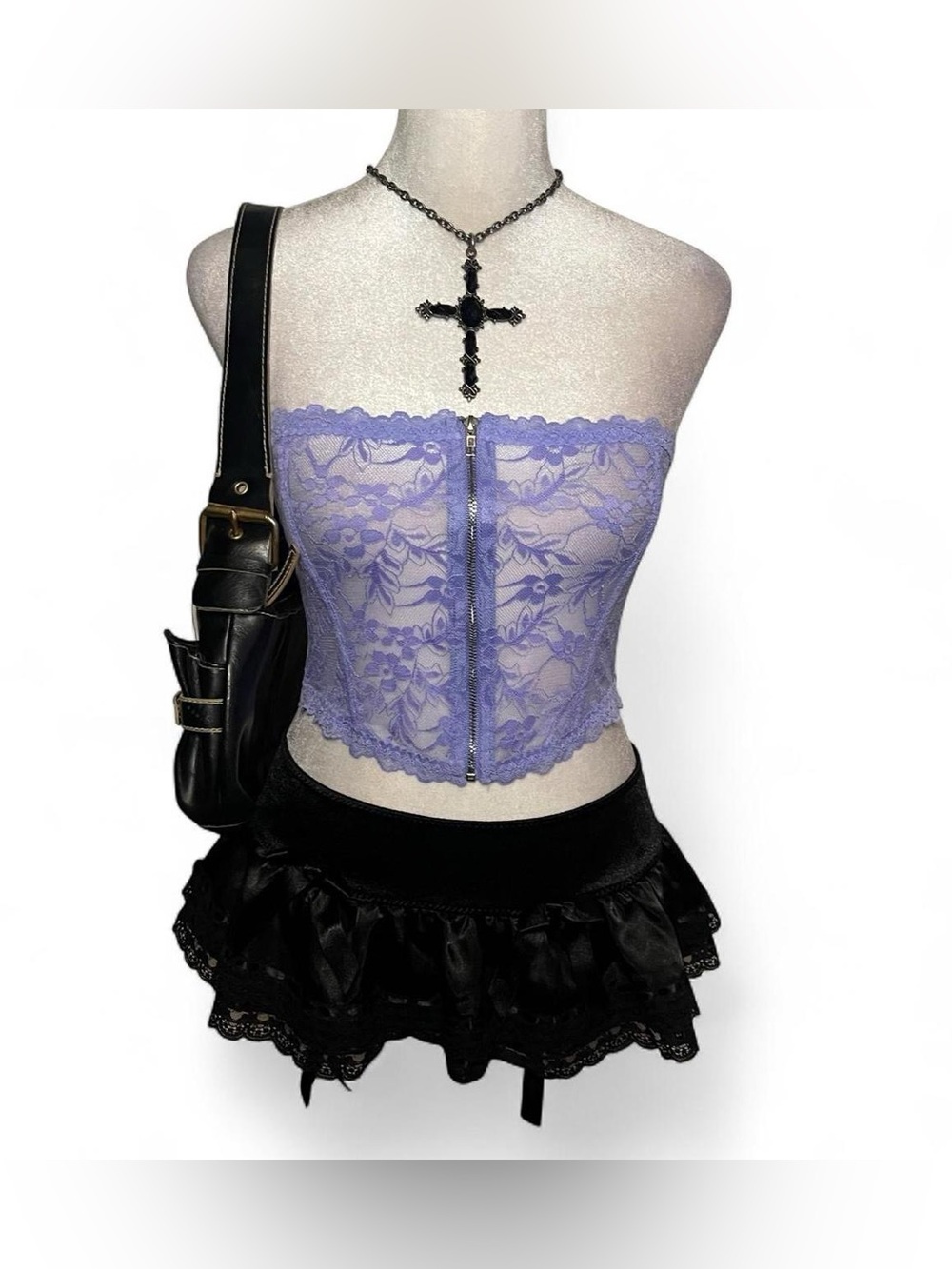 Lavender dollskill sheer Lace Zip-Front Strapless corset style top